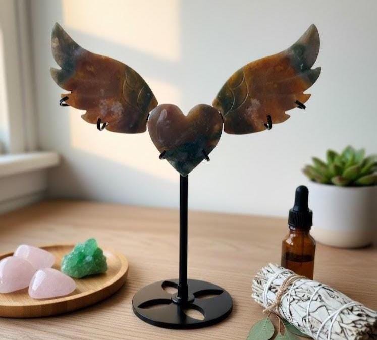 オーシャンジャスパー クリスタルハート 天使の羽 3ピースストーン