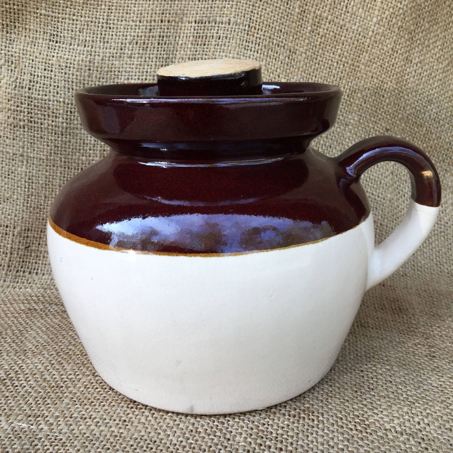 Vintage Stoneware Single Loop Bean Pot Lid USA Tan Brown Etsy