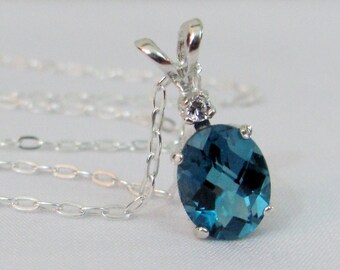 London Blue Topaz Necklace in Sterling Silver, 9x7mm Blue Topaz Gemstone, London Blue Jewelry, December Birthstone, Bride, Wedding Jewelry
