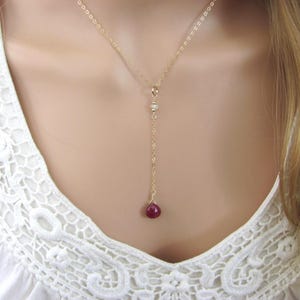 Genuine Ruby Y Necklace - Gold Filled Gemstone Lariat - Minimalist Jewelry for Women