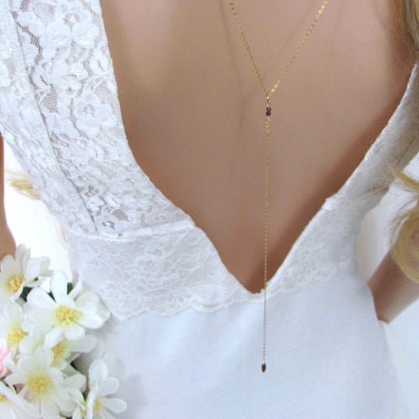 Garnet Bridal Backdrop Necklace, Minimal Wedding Lariat, Bride Jewelry with Natural Garnet