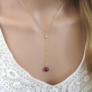 Dainty Ruby and Opal Y Necklace – Gold Filled or Sterling Silver Lariat - July Birthstone Jewelry