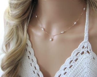 Delicate Pearl Station Necklace - Freshwater Pearl Wedding Jewelry - Rose Gold Bride Necklace