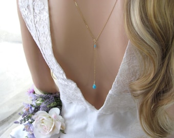 Turquoise Back Necklace, Gemstone Backdrop Necklace for Wedding, Something Blue for the Bride