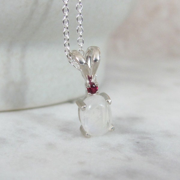 Moonstone and Ruby Necklace, Small Moonstone Pendant in Sterling Silver, June Birthstone Gift