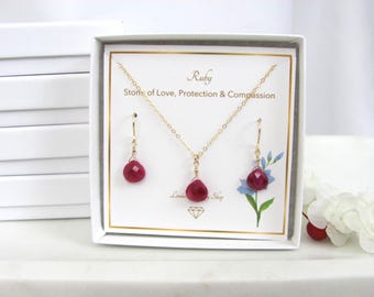 Ruby Necklace and Earrings - Dainty Gold Filled Jewelry Set - July Birthstone