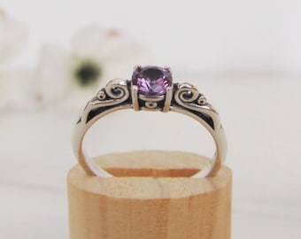Alexandrite Ring, Sterling Silver Scroll Ring, Color Change Stone for June Birthstone Gift
