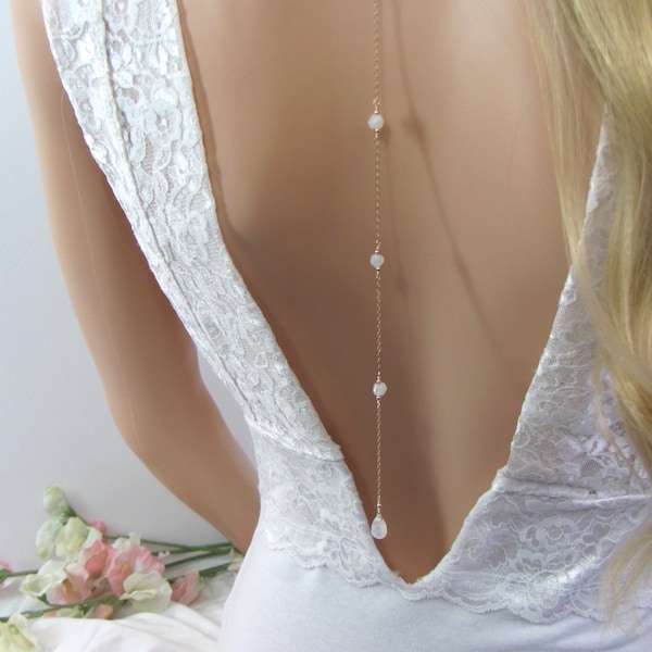Moonstone Backdrop Necklace, Back Necklace with Removable Drop, Wedding Day Jewelry for the Bride