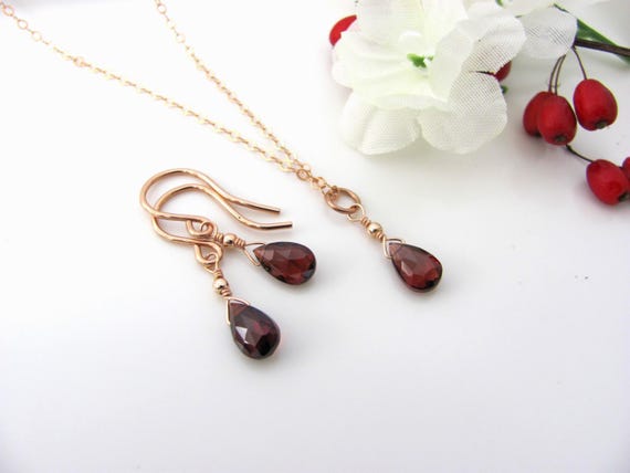 Garnet Necklace and Earring Set - 14K Gold Filled or Sterling Silver - January Birthstone Jewelry