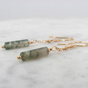 Moss Agate Earrings - Minimal Dangle Earrings in Gold Filled and Sterling Silver - Best Friend Gift