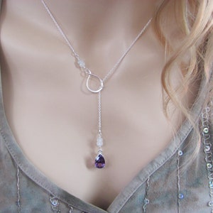 Alexandrite and Moonstone Necklace, Wrap Around Lariat in Sterling Silver, Color Change Stone