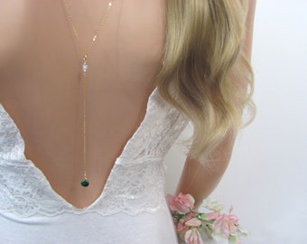 Emerald Backdrop Necklace, Wedding Back Chain Lariat, Necklace for the Bride
