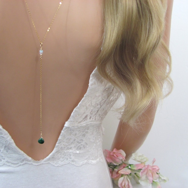 Emerald Backdrop Necklace, Wedding Back Chain Lariat, Necklace for the Bride