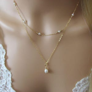 Delicate Pearl Layered Necklace - Freshwater Pearl Double Strand - Gold Filled Bridal Jewelry