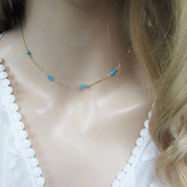 Turquoise Station Necklace, Sleeping Beauty Turquoise in Gold Filled and Sterling Silver, December Birthstone Jewelry