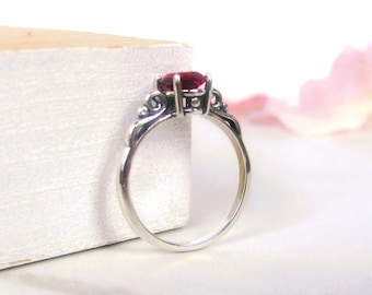 Ruby Ring in Sterling Silver - 8x6mm Oval Cut Lab Grown Gemstone - July Birthstone Jewelry