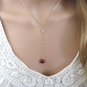 Dainty Ruby and Opal Y Necklace - 14K Gold Filled Minimalist Jewelry