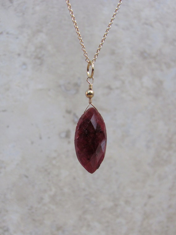 Genuine Ruby Necklace Raw Stone Pendant Marquise Cut - Ruby Gemstone Pendant