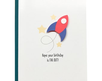 Hope Your Birthday is FAR OUT, Kids Birthday Card, Cute Birthday Card, Rocket Birthday Card, Fun Childrens birthday card, Outerspace Party