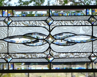 Stained Glass Transom Window Hanging 36 1/2 X 14  including hooks