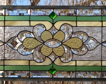 Stained Glass Transom  Window HANGING  35 3/8 X 16  including hooks