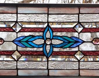 Stained Glass Transom  Window HANGING 31 1/8 X 11 including hooks