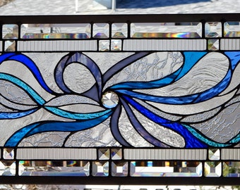 Stained Glass abstract Transom  Window HANGING  34 3/4 X 15 including hooks