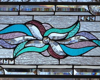 Stained Glass abstract Transom  Window HANGING 31 1/2 X 11 1/2 including hooks