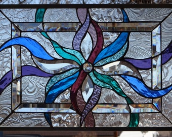 Stained Glass abstract Transom  Window HANGING 20 3/4 X 15 including hooks