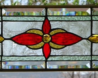 Stained Glass Transom  Window Hanging  32 x 8 1/2  INCLUDING HOOKS  BRASS frame