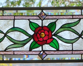 Stained Glass Transom  Window HANGING 28 3/4 X 9 1/2  including hooks