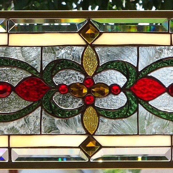 Beautiful  Stained Glass  Window Hanging  33 X 10 1/2 including hooks BRASS frame