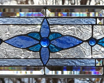 Stained Glass Transom  Window HANGING 28 3/8 X 8 1/4 including hooks