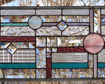 Stained Glass abstract Transom  Window HANGING 36 X 11 3/4 including hooks