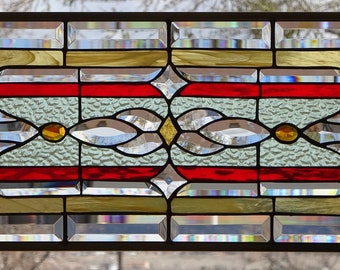 Stained Glass Transom  Window HANGING 34 x 12 1/2 including hooks BRASS FRAME
