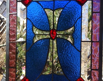 Cross Stained Glass  Window Hanging  19 x 14 1/4 including hooks