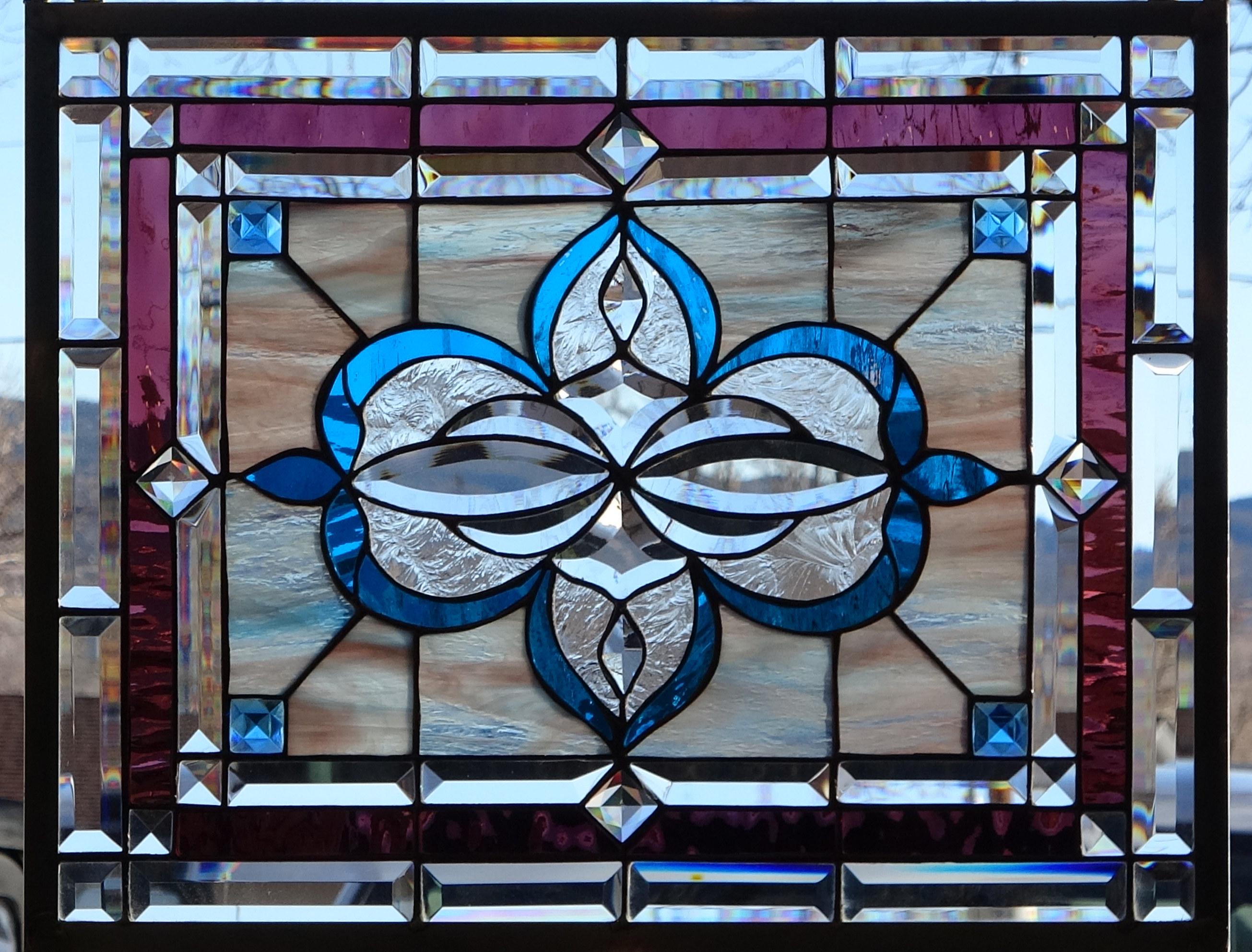 Stained Glass Transom Window Hanging  25 X 20 3/4 including hooks