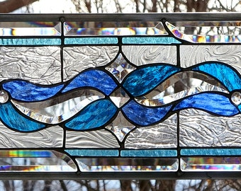 Stained Glass abstract Transom  Window HANGING  30 1/2 X 10 3/4 including hooks