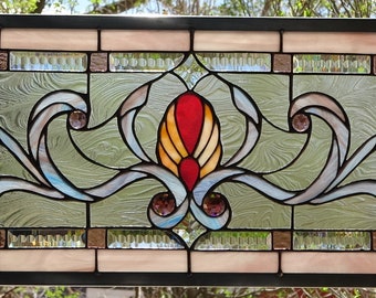 Stained Glass Transom  Window HANGING 34 1/2 X 14 1/4    including hooks