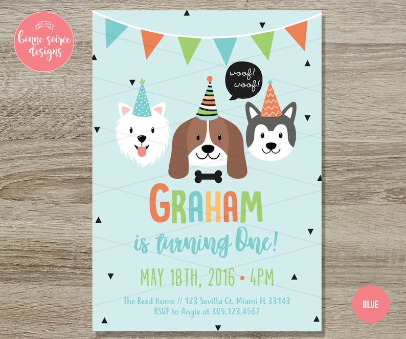 Doggy Birthday Invitation Printable 5x7 Hipster Dog Birthday Invite Boys Dog First Birthday Girls Dog Theme First Birthday Invitation