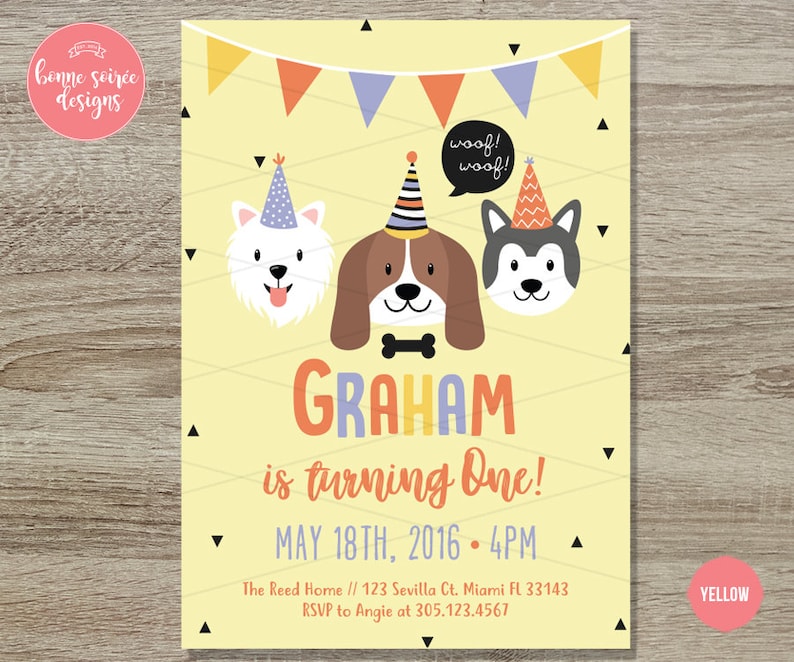 Doggy Birthday Invitation Printable 5x7 Hipster Dog Birthday Invite Boys Dog First Birthday Girls Dog Theme First Birthday Invitation