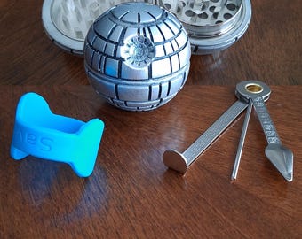 Metal Death Star Grinder Grinder + Bowl Cleaner Tool + Silicone Save-A-Bowl | Smoking Accessories Bundle