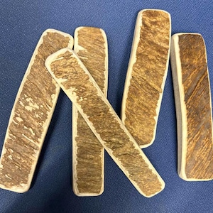 May include: Five rectangular pieces of deer antler, each featuring a rough, textured brown outer bark surface and smooth, cream-colored edges. The pieces are arranged in a scattered, overlapping pattern, showcasing the natural variations in the brown grain.