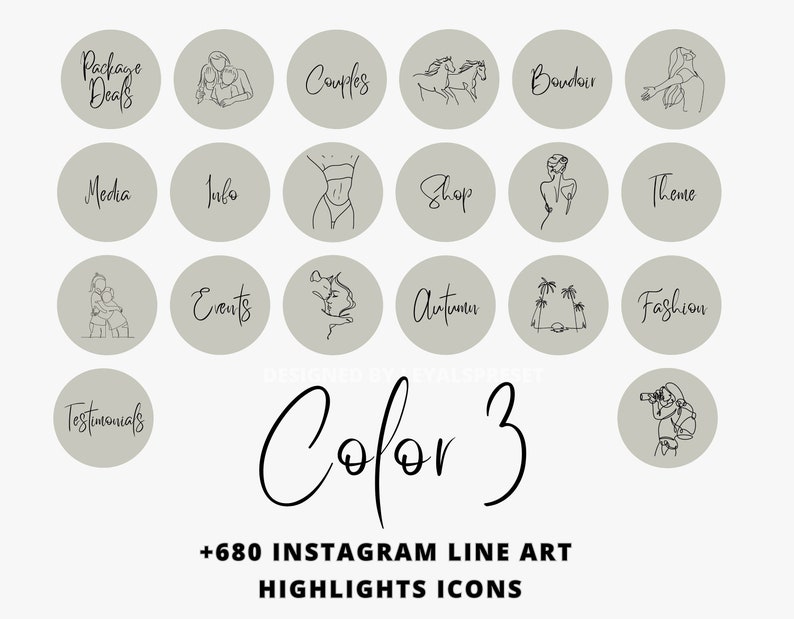 K&ouml;nnte beinhalten: Satz von 16 grauen Kreis-Instagram-Highlight-Icons mit schwarzen Linienzeichnungen und Text. Die Icons beinhalten: Paketangebote, Paare, Boudoir, Medien, Info, Shop, Thema, Events, Herbst, Mode, Testimonials und mehr.