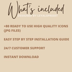 Op de afbeelding: Een checklist met vier items, elk met een vinkje. De items zijn: +80 kant-en-klare, hoogwaardige pictogrammen (JPG-bestanden), eenvoudige stapsgewijze installatiehandleiding, 24/7 klantenservice en directe download. De tekst is bruin op een beige achtergrond.