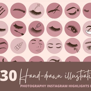 K&ouml;nnte beinhalten: Ein Satz von 30 handgezeichneten Illustrationen f&uuml;r Instagram-Highlight-Icons. Die Icons sind rosa und zeigen verschiedene Bilder rund um Wimpern und Augenbrauen, darunter Wimpern, Augenbrauen, Wimpernserum, Pinzetten und mehr.