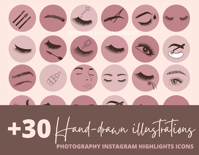 K&ouml;nnte beinhalten: Ein Satz von 30 handgezeichneten Illustrationen f&uuml;r Instagram-Highlight-Icons. Die Icons sind rosa und zeigen verschiedene Bilder rund um Wimpern und Augenbrauen, darunter Wimpern, Augenbrauen, Wimpernserum, Pinzetten und mehr.