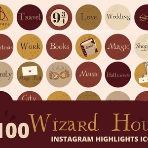 May include: A collection of Instagram highlight icons with a wizarding theme. Each circular icon features a word or symbol, such as "Always," "Travel," "Books," and "Magic." The color palette includes burgundy, gold, and cream tones. The text "+100 Wizard House Instagram Highlights Icons" is at the bottom.