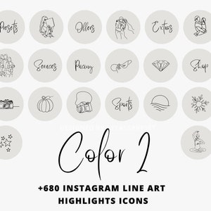 K&ouml;nnte beinhalten: Ein Satz von 20 Schwarzwei&szlig;-Linien-Icons f&uuml;r Instagram-Highlights. Die Icons beinhalten eine Kamera, einen K&uuml;rbis, eine Schneeflocke, einen Diamanten, ein Paar, einen Sonnenuntergang, eine Yoga-Pose und mehr. Die Icons befinden sich auf einem hellgrauen Hintergrund. Der Text "Color 2" und "+680 INSTAGRAM LINE ART HIGHLIGHTS ICONS" befindet sich am unteren Rand des Bildes.