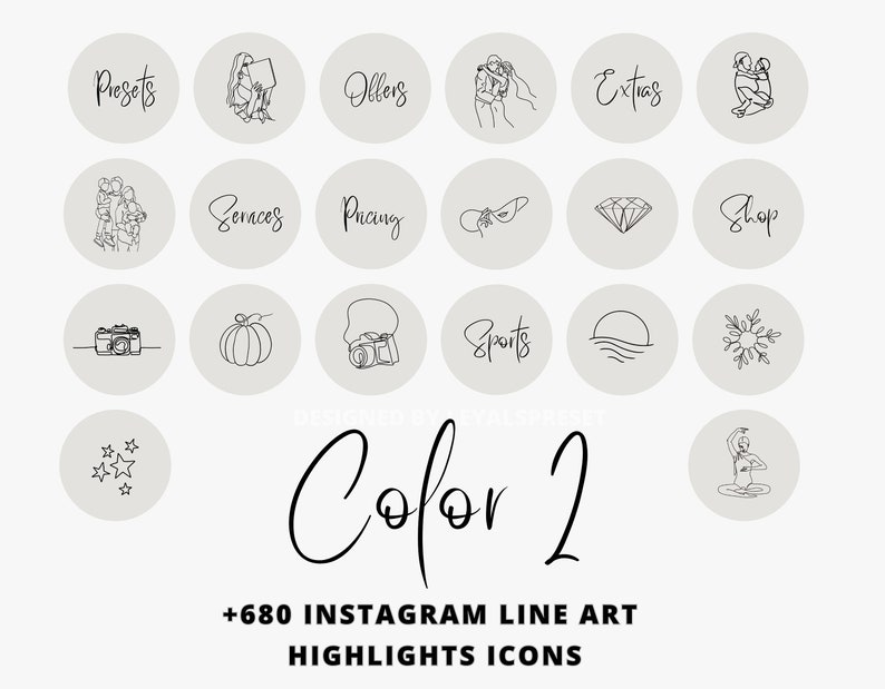 K&ouml;nnte beinhalten: Ein Satz von 20 Schwarzwei&szlig;-Linien-Icons f&uuml;r Instagram-Highlights. Die Icons beinhalten eine Kamera, einen K&uuml;rbis, eine Schneeflocke, einen Diamanten, ein Paar, einen Sonnenuntergang, eine Yoga-Pose und mehr. Die Icons befinden sich auf einem hellgrauen Hintergrund. Der Text "Color 2" und "+680 INSTAGRAM LINE ART HIGHLIGHTS ICONS" befindet sich am unteren Rand des Bildes.